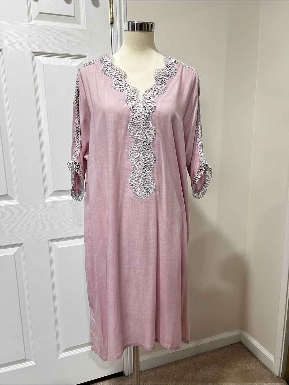 Sana Safinaz Tunic Shirt Dress Kaftan Size Large Pink Light Gray Lace Trim
